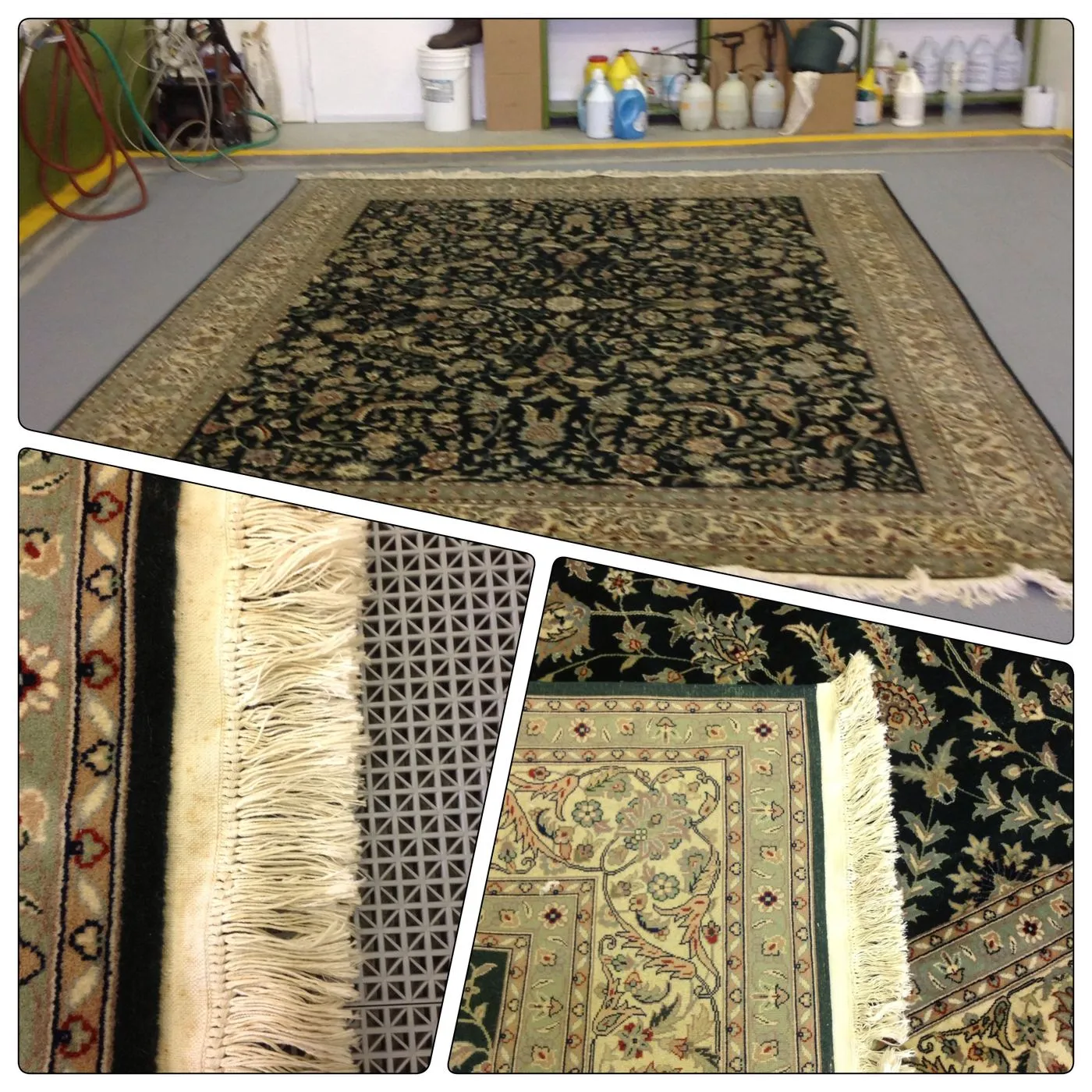 Before and after collage of an Oriental rug washed at our Miami shop