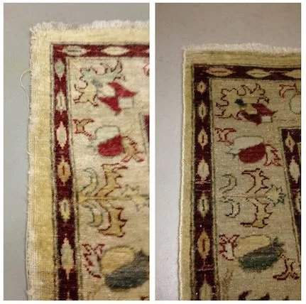 Before and after of a glue-down backing repair on an area rug