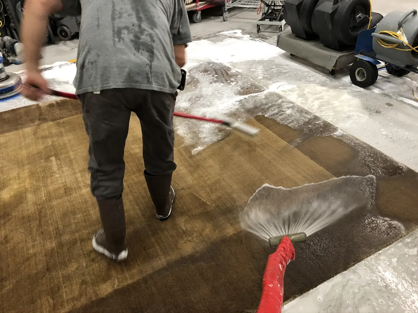 Rinsing suds from a large rug with a wand